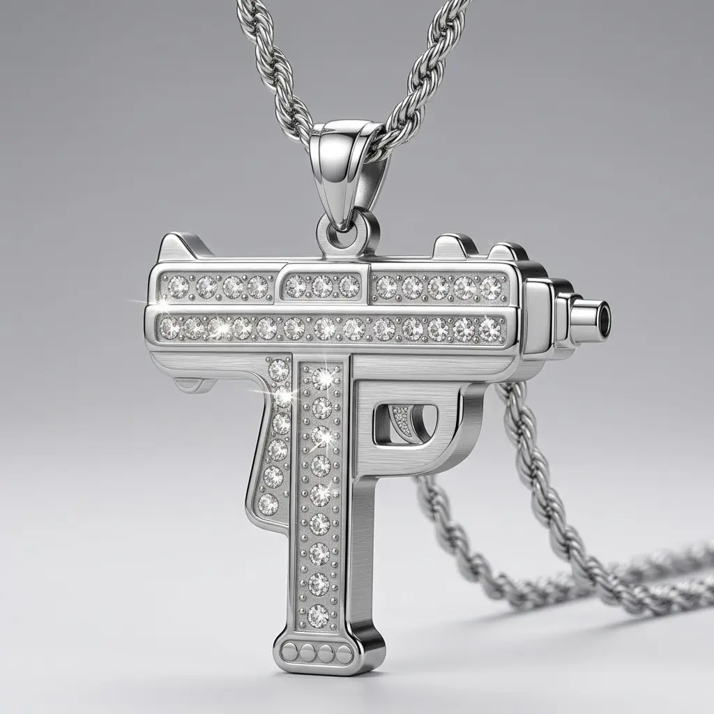 Basetry Iced Out Full Rhinestone UZI Submachine Gun Pendant Necklace for Men, Men's Accessories, 22-Inch Twist Rope Chain, Hip Hop Street Bling Statement Jewelry, Elegant Gift Packaging Included