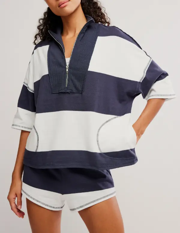 Free People Rugby Set for Women - Baggy Retro Striped 2-Piece Loungewear with Aesthetic Stitch Detail, Oversized, Fit, Everyday, Vintage, Style, Loose, Casual, Clothes, Athletic, Comfortable, Matching Sets For Women, Sporty Chic