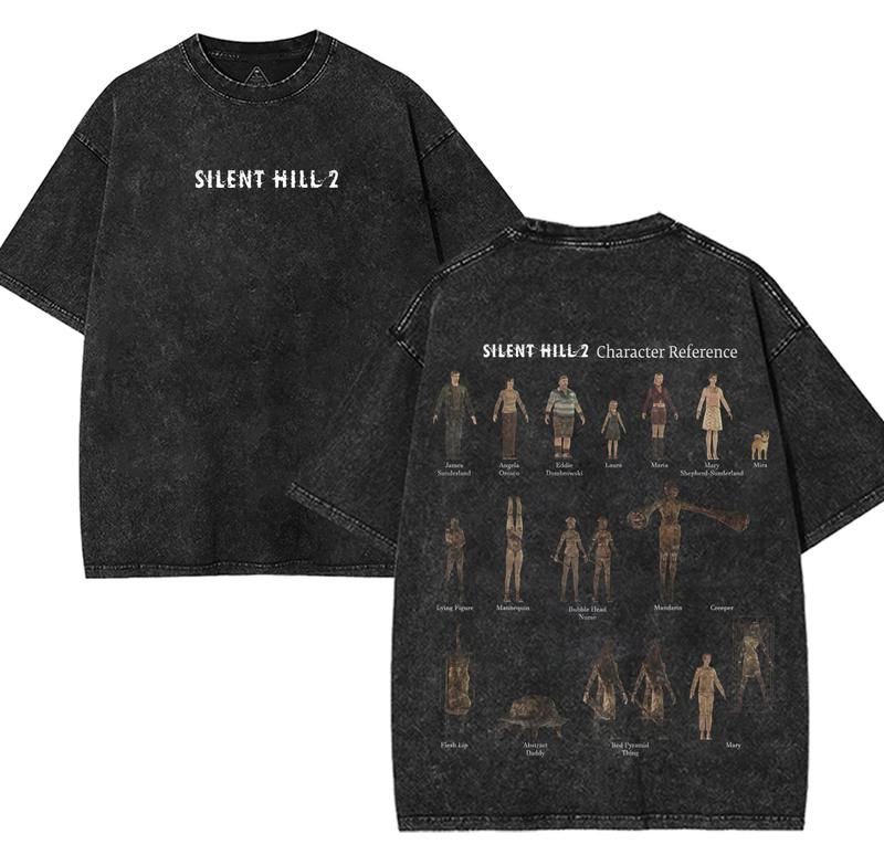 Return to Silent Hill Characters Movie & Game Y2K Oversized Acid Washed T-Shirt Vintage Graphic Tee, Double Sided Printed Unisex Classic Casual Soft Cotton Retro Streetwear Apparel, Crewneck Shortsleeve Top Menswear Gift for Movie Horror Fan Lover Merch