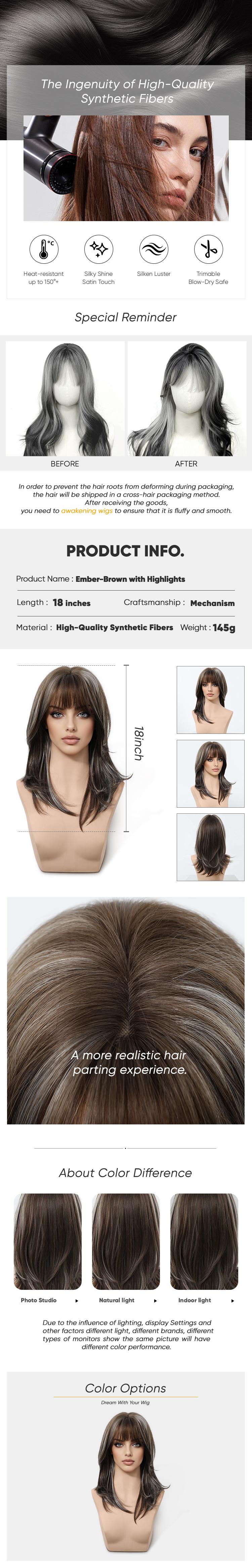 Ember H-DWY Mid-length Stright Grey Black with Highlights and Bangs Glueless Synthetic Wig for Women 18 Inches