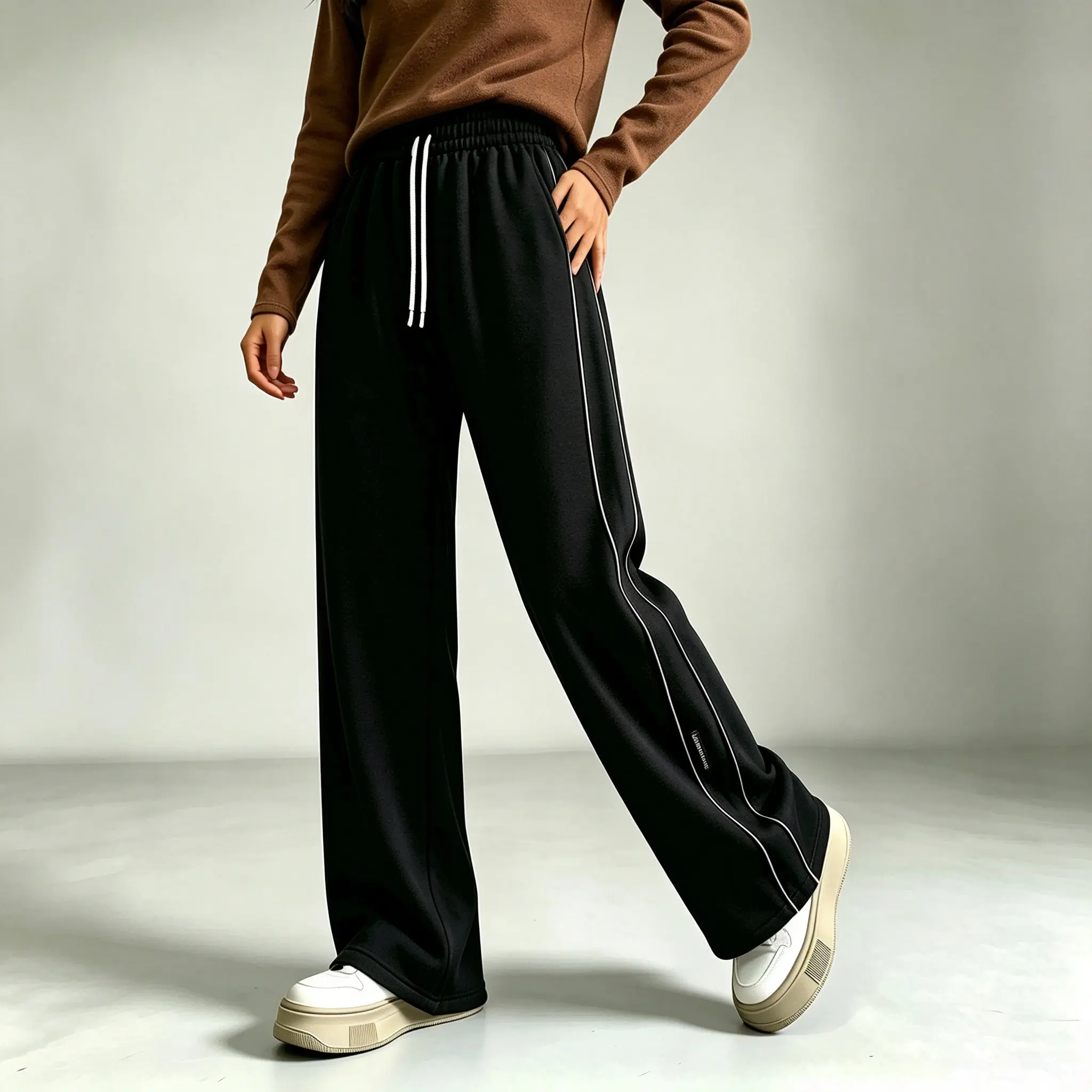 Women’s knit sweatpants with an elastic drawstring waist, wide-leg fit, side decorative woven bands, long pants. Trendy casual straight-leg sweatpants for everyday wear—shopping, dates, and commuting; suitable for all seasons.