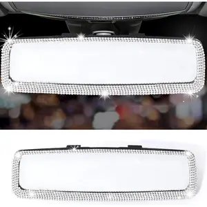 Bling Car Rearview Mirror, Decorations Rear View Mirror with HD Glass, Interior Accessories for Women and Teens - White