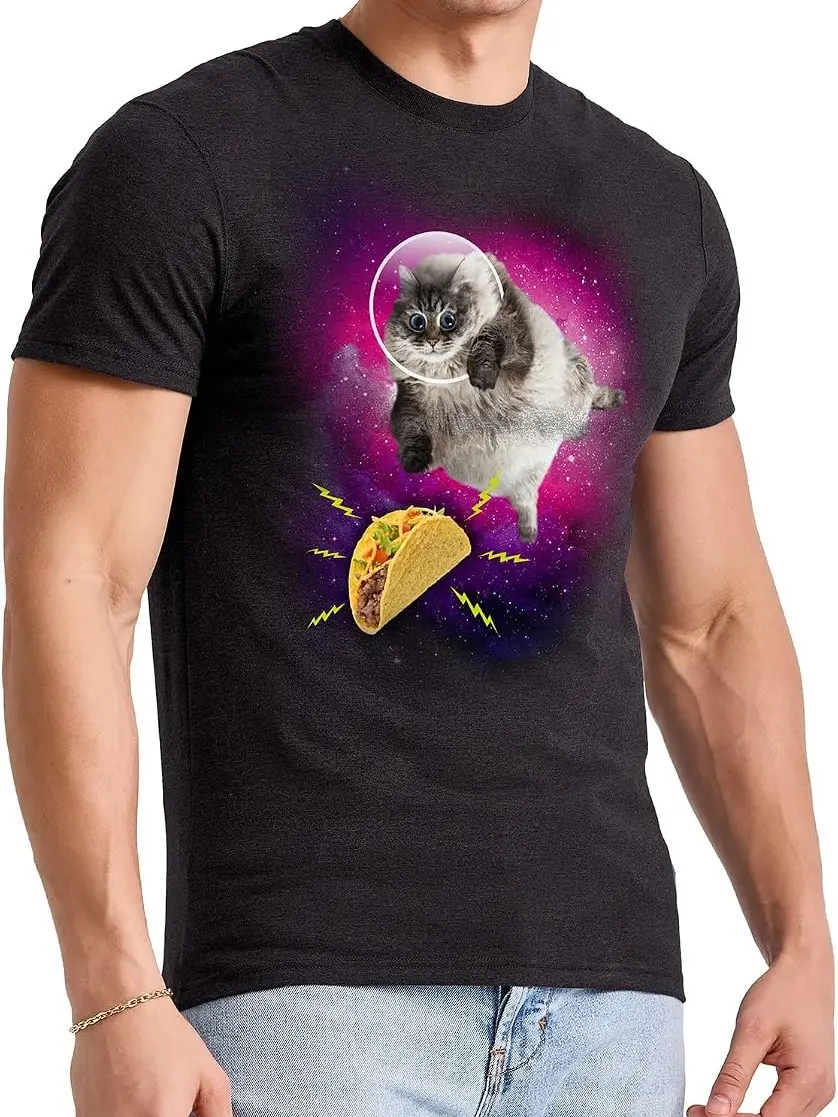 Men's Classic Cotton T-Shirt, Casual Shortsleeve Novelty Top with Galaxy Space Cat Taco Graphic Print, Gradient, Round Neck, Tee, Nebula Print
