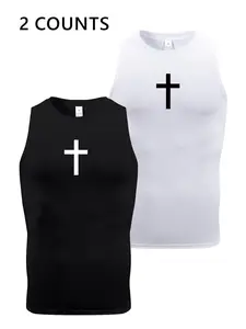Men's Cross Print Tank Top, Casual Breathable Sleeveless Top for Summer, Men's Top for Basketball Running Gym Workout, Fitness Workout Vest, Sleeveless Gym Tops