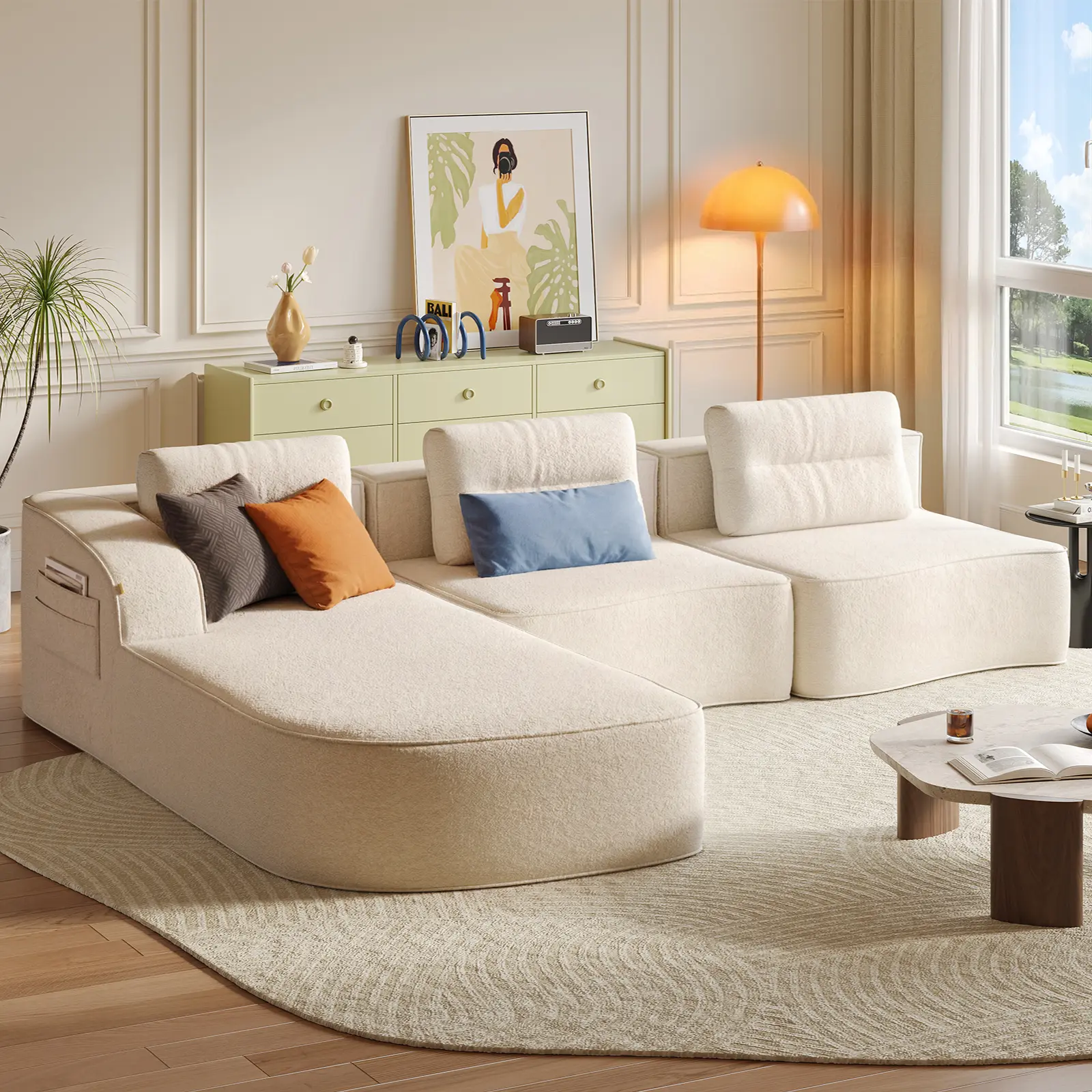 【DealsForYouDays】Pinmoco 111.8-inch Cloud Luxe Wavy Modular Sofa Bed (for the living room), L-shaped modern modular sofa, deep-seated design with side storage pockets, fabric sofa (boneless sofa), no assembly required,
