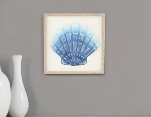 360 Stand Blue & White Distressed Metal Sea Shell Brown Frame Wall Art - Artistic Hanging Print, Tropical Handcrafted Home Decor for Room