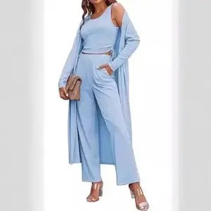 Women's 3 Piece Knit Lounge Set Pajama Long Sleeve Cardigan Sleeveless Top Pants Sweatsuit S-XXL