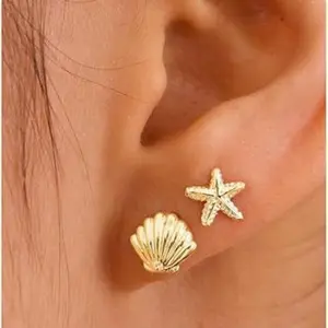 Gold Earrings for Women - 2 Pairs Small Shell, Starfish, Turtle, Seahorse, Octopus, Cicada Stud Earrings Set Summer Beachy Jewelry for Women Gifts