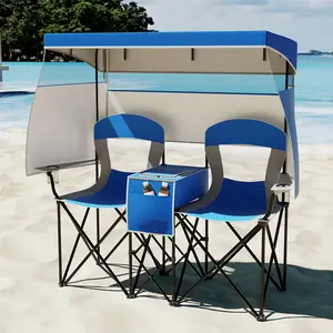 COSTWAY Double Beach Chair w/Adjustable Canopy, Oversized Folding Camping Chair w/Roll-up Shade, Cooler Bag, Cup Holders, Carrying Bag, 2-Person Portable Loveseat for Sports Fishing