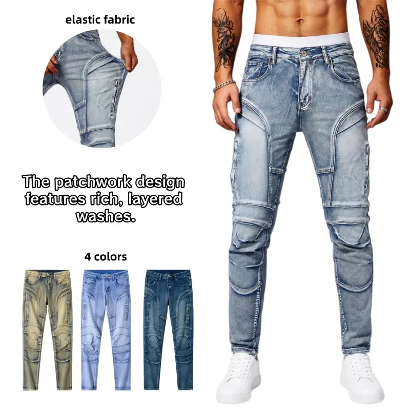 Men’s Stretch Moto Biker Jeans, Slim Straight Fit Washed Denim Pants with Zipper Pockets, Patchwork Knee Panels and Flexible Comfort for Streetwear & Daily Wear
