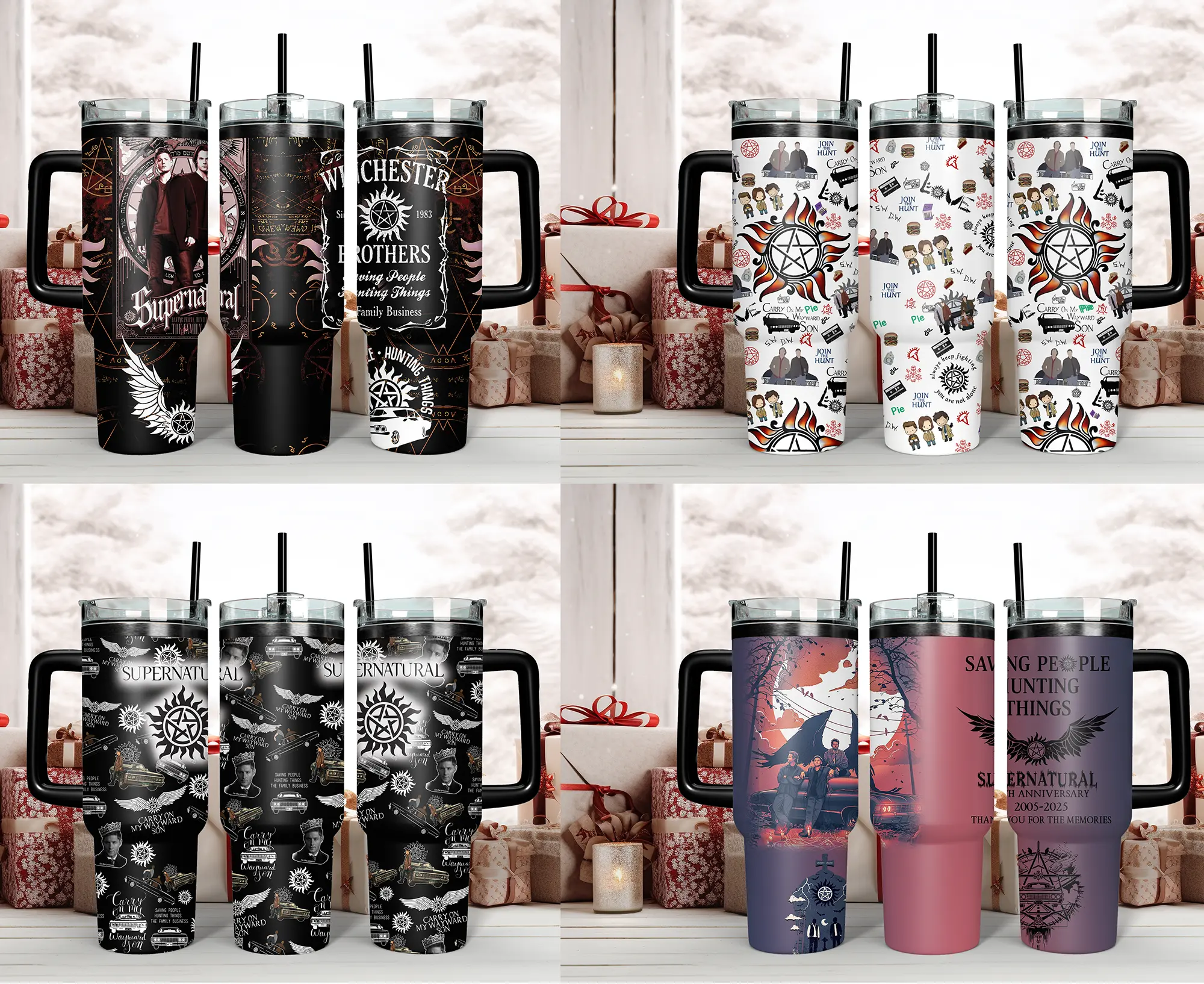 Supernatural Winchester Brothers Insulated Tumbler - 40oz Classic 3-Layer Double-Walled Stainless Steel Travel Mug with Lid, Straw, Handle, Insulation for SPN Family Fans (Sam, Dean, Castiel 'Saving People, Hunting Things' Gift, Drinkware Must Haves)