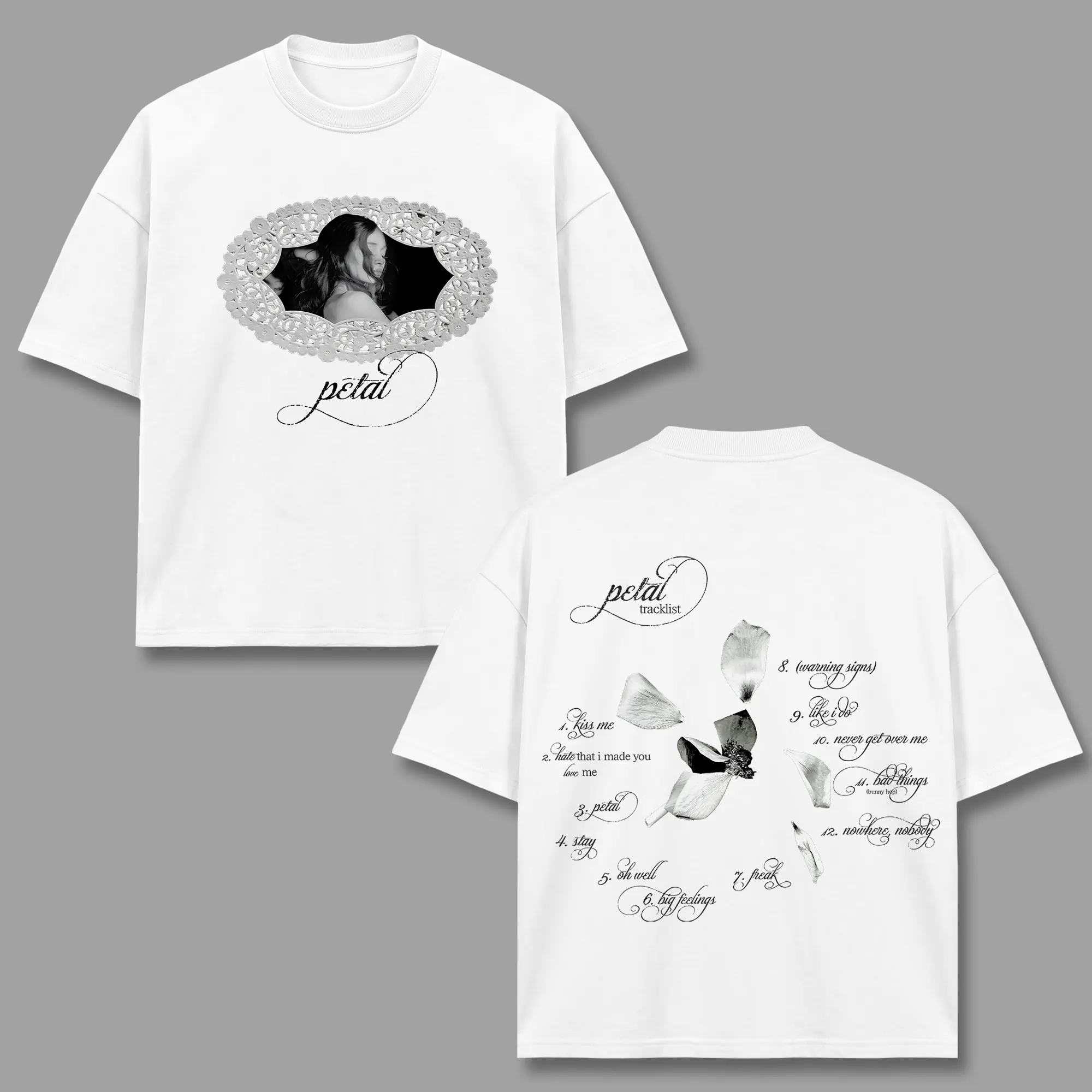 Petal Album T-Shirt, Pop Singer Tracklist Tee, Flower Petals Back Print Graphic Apparel, Vintage Aesthetic Indie Music Wear, Pop Music Fan Heritage Gift, Men Women Heavyweight Oversized Cotton Clothing