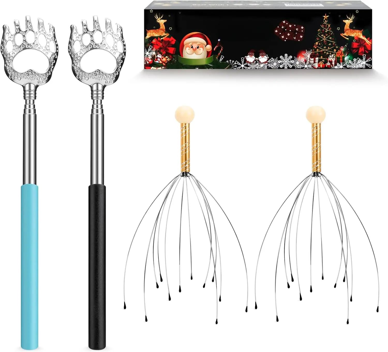 Telescopic Back Scratcher and Hand Held Scalp Head Massagers Kit 2 Pieces of Back Scratchers and 2 Pieces of Head Massagers (Random Colors)