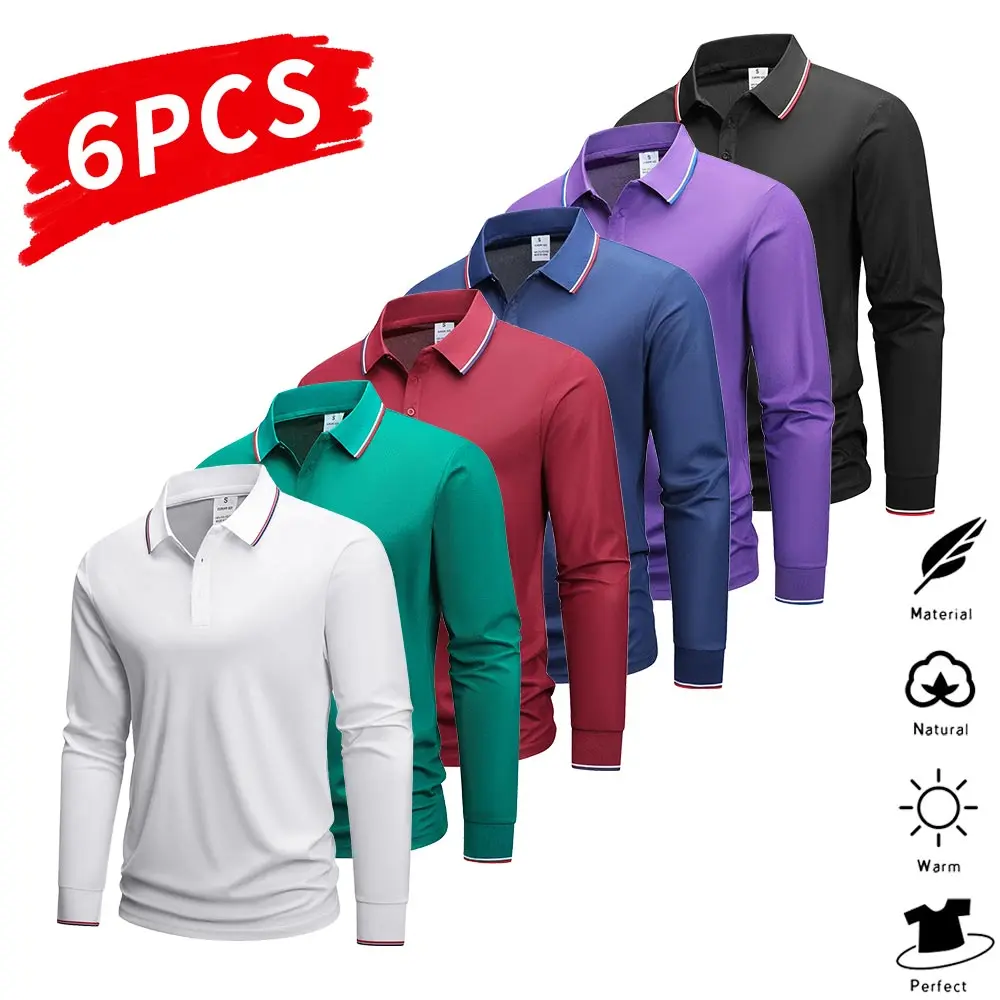 Men's 6-Pack Long Sleeve Polo Shirts, Regular Fit Colorblock Activewear Top in Skin-Friendly Polyester for Casual Outdoors