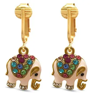 Pink Crystal Elephant Clip On Dangling Earrings