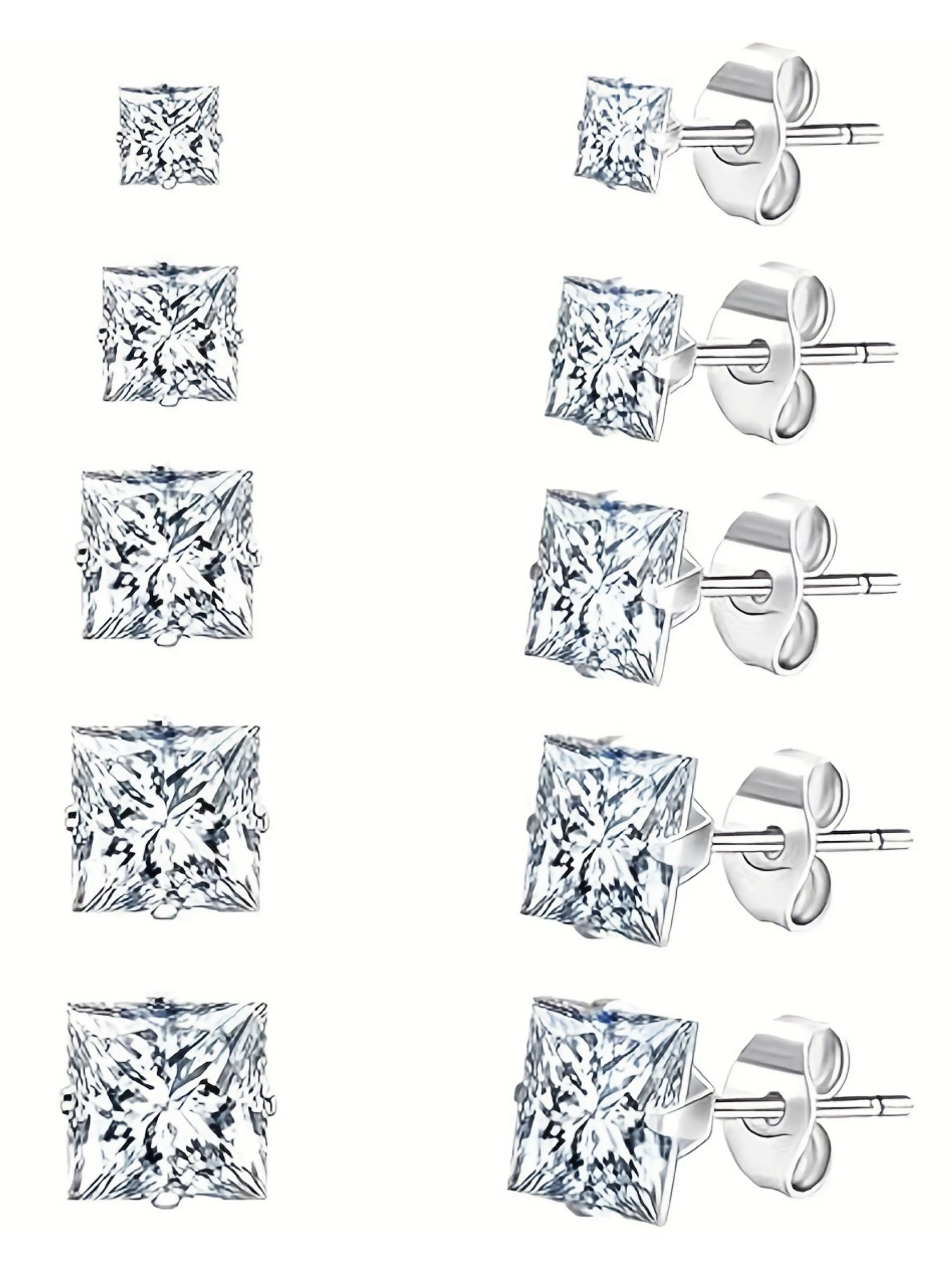 5 Pairs Stainless Steel Cubic Zirconia Stud Earrings, Earrings Jewelry, Hypoallergenic Square Design, Ic-Free for Sensitive Skin, Earrings For Sensitive Ears, Ideal Gift for All Occasions, Ear Studs, Sparkling Zirconia, Stud Earring Sets