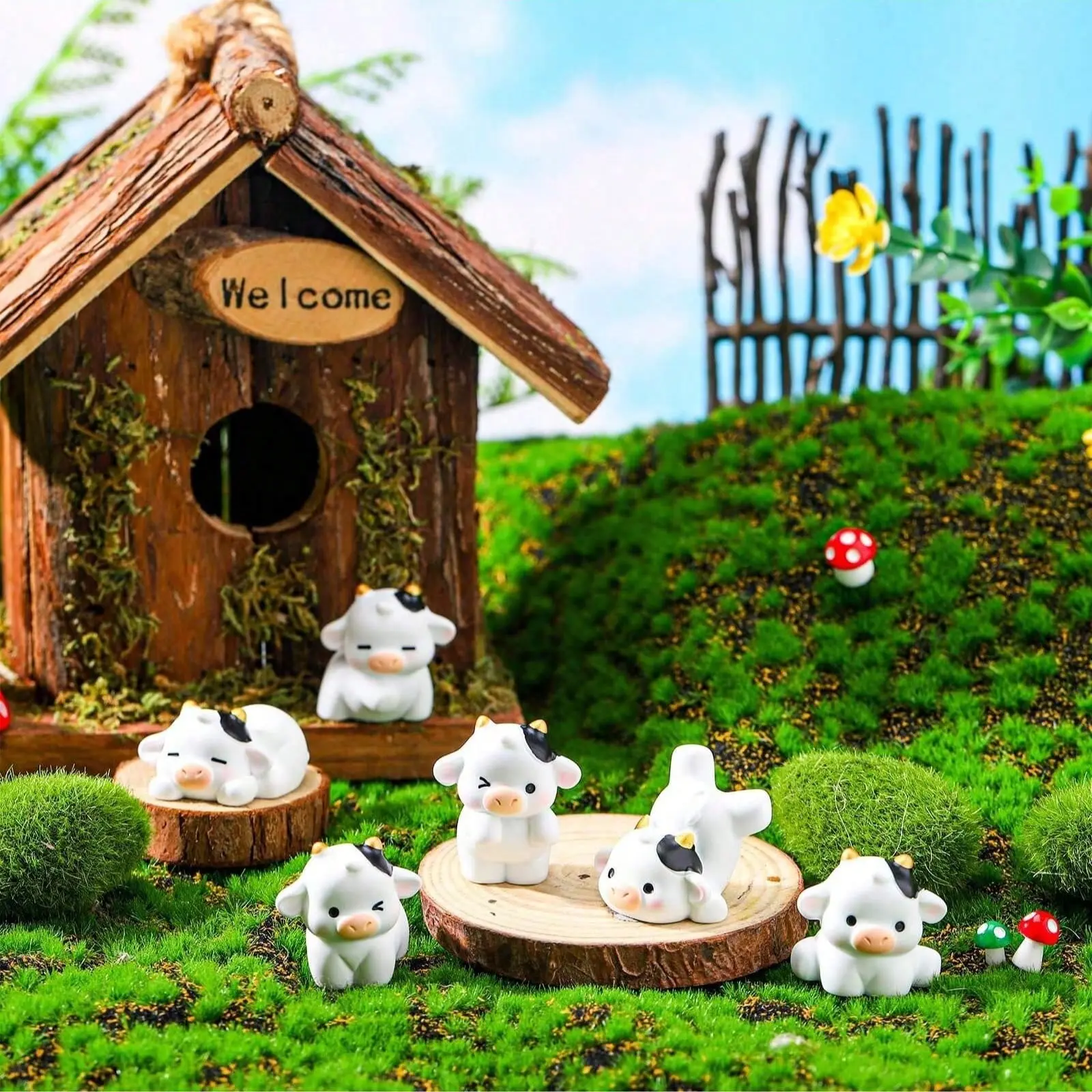Mini Resin Cow Statues, Cute Miniature Animal Decorations, Outdoor Moss Garden Art, DIY Fairy Landscape Crafts, Glass Ball Ornament, Garden Sculptures