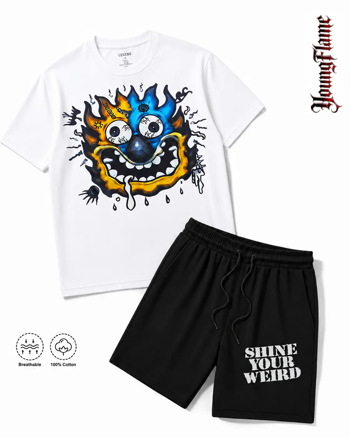 100% Cotton Shine Your Weird Trippy Face graphic tees A comfortable summer gift Weirdcore streetwear y2k clothing Men 2 Piece Set Short Outfit loose fit breathable fabric athleisure workout