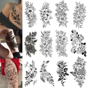 12Sheets Temporary Tattoo for Men Women Adults,Include 12 Sheets Large Black Temporary Tattoos, Halloween Tattoos Flower TattoosStickers
