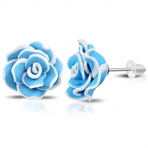 Stainless Steel Blue White Polymer Clay Flowers Rose Stud Earrings