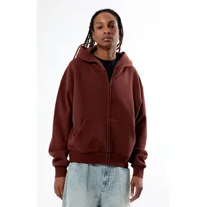 Pacsun Men's Brown Washed Full Zip Cropped Hoodie