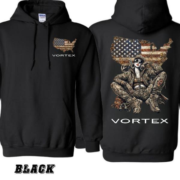 Vortex USA Camo Hoodie – American Flag Map Graphic with Outdoor Camo Girl Artwork for Men & Women | Patriotic Streetwear & Outdoor Apparel by Huntwear Design