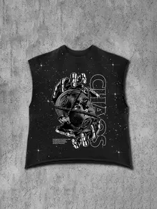 Men's Cyberpunk Dark Style Sleeveless Vest, Mechanical Hand Print, Starry Sky Fabric, Casual Fitted Long Tank Top for Streetwear