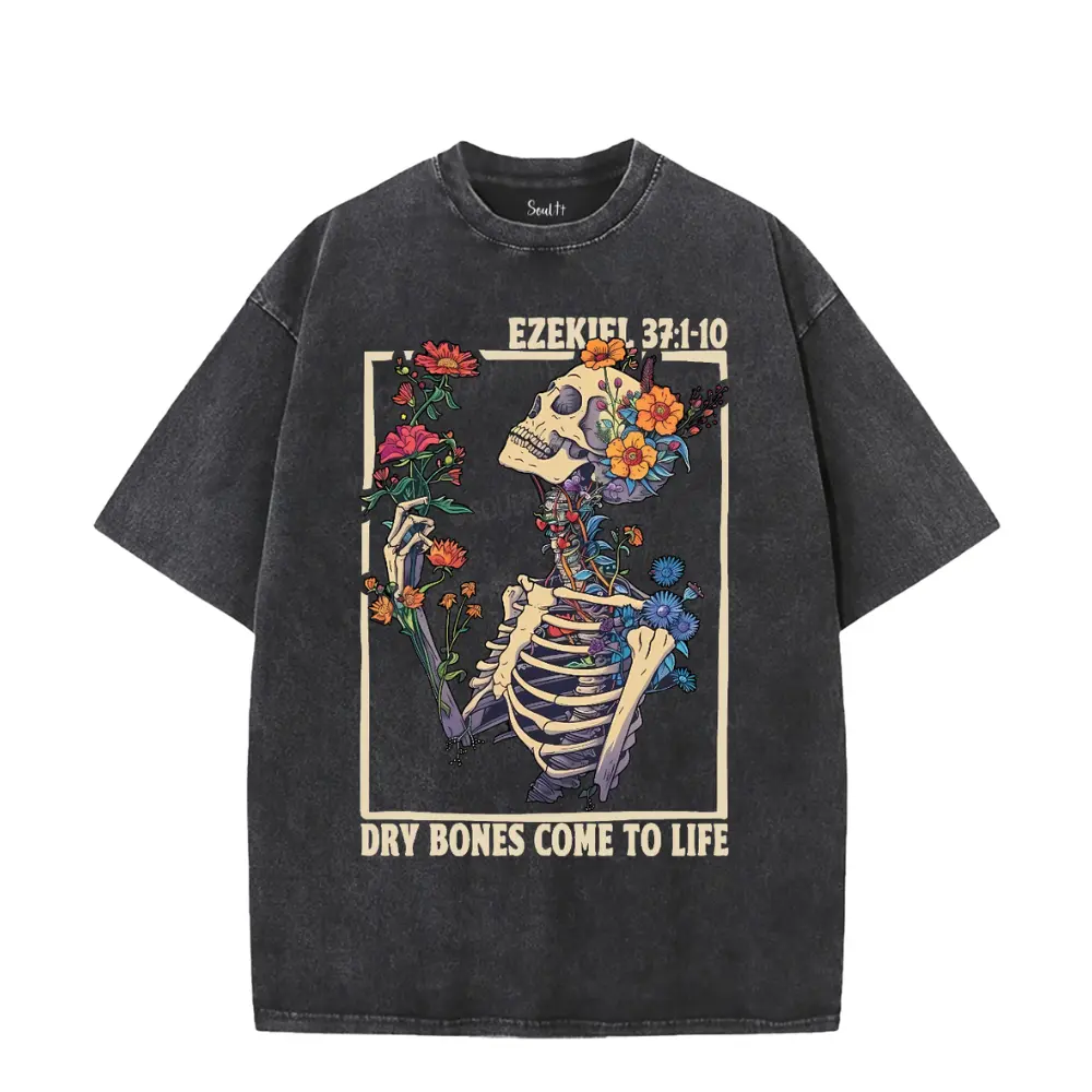 Soultt Women's Ezekiel 37 Dry Bones Christian Short-Sleeve Cotton T-Shirt, Boxy Breathable Everyday Vintage Skull Faith Graphic Tee, Oversized Mineral Wash Religious Freedom Apparel, Shortsleeve, Fabric