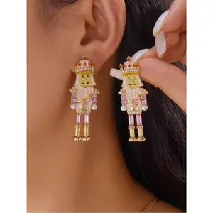 1 Pair Pink Alloy Unique Nutcracker Soldier Figure Earrings, Distinctive Women's Earrings With Pink Soldier Design And Rhinestones, Alloy Jewelry, Personalized Christmas Gift