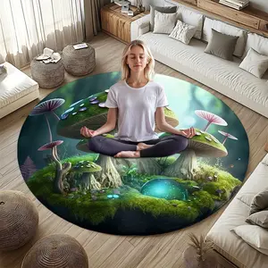 Fairy Tale Mushroom Print Round Rug, Flannel Meditation Cushion Yoga Mat, Indoor Room Entrance Living Room Decor, Portable Outdoor Rest Pad