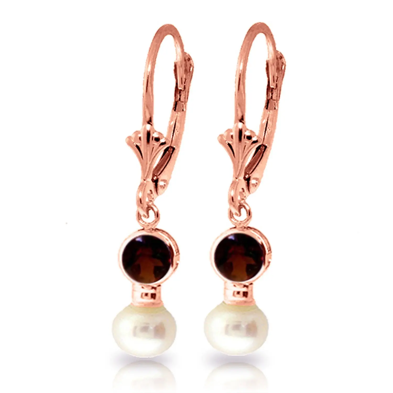 5.2 Carat 14k Solid Rose Gold Leverback Earrings pearl Garnet