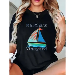 Women's Martha's Vineyard Sailboat Graphic T-Shirt, Casual Summer Beach Nautical Tee for Ladies 100% Cotton T-shirt