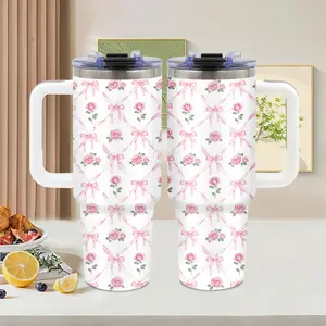 Pink Rose, 40oz tumbler with handle, Summer Ice Stainless Steel Vacuum Insulated Travel Mug, pastel bow floral design, Rose Lover Gift, for office and home, Mother's Day, Water Bottle, Tumbler Gift for Women and Men