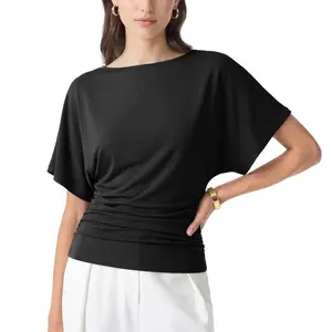 Talakeno Casual Women's Tops Short-Sleeve Batwing Shirt Basic Tops Casual Office Tops for Women Women's Shirts Fitted Long-Sleeve Blouse with Side Pleats Summer Short-Sleeve Tops