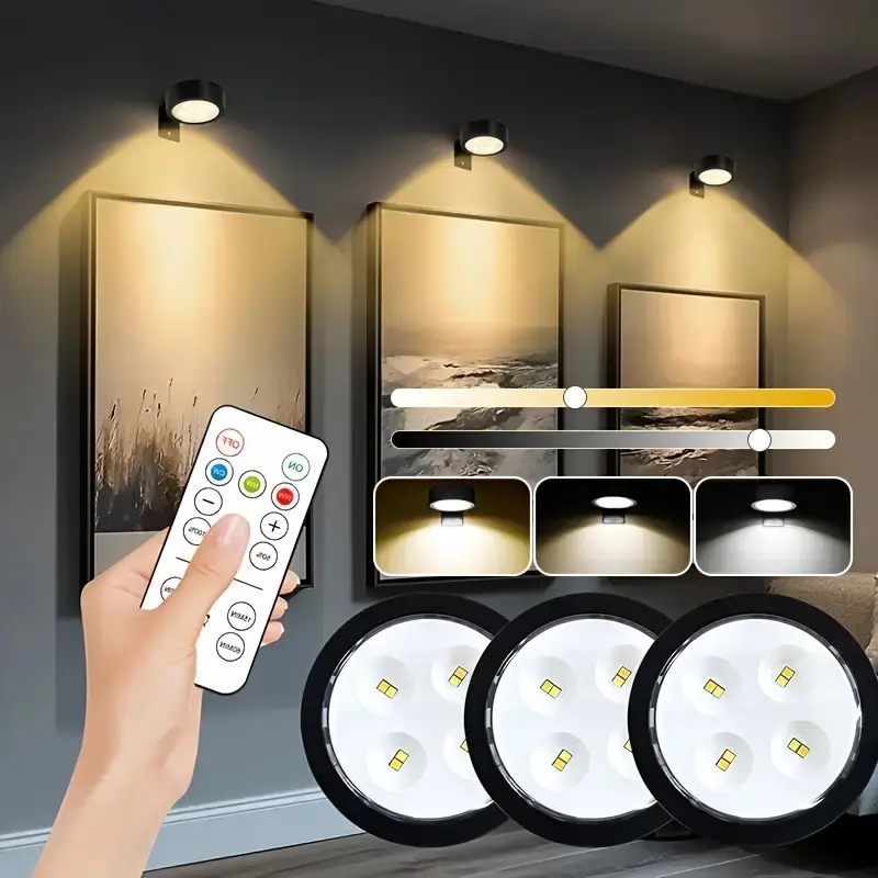 3pcs wall mounted + magnetic smart light, 3 colors adjustable with timer puck light, LED under cabinet light, remote control + push lampshade dual control, dimmable night light, Decorative wall light, Decorative Lights, for home and office decor