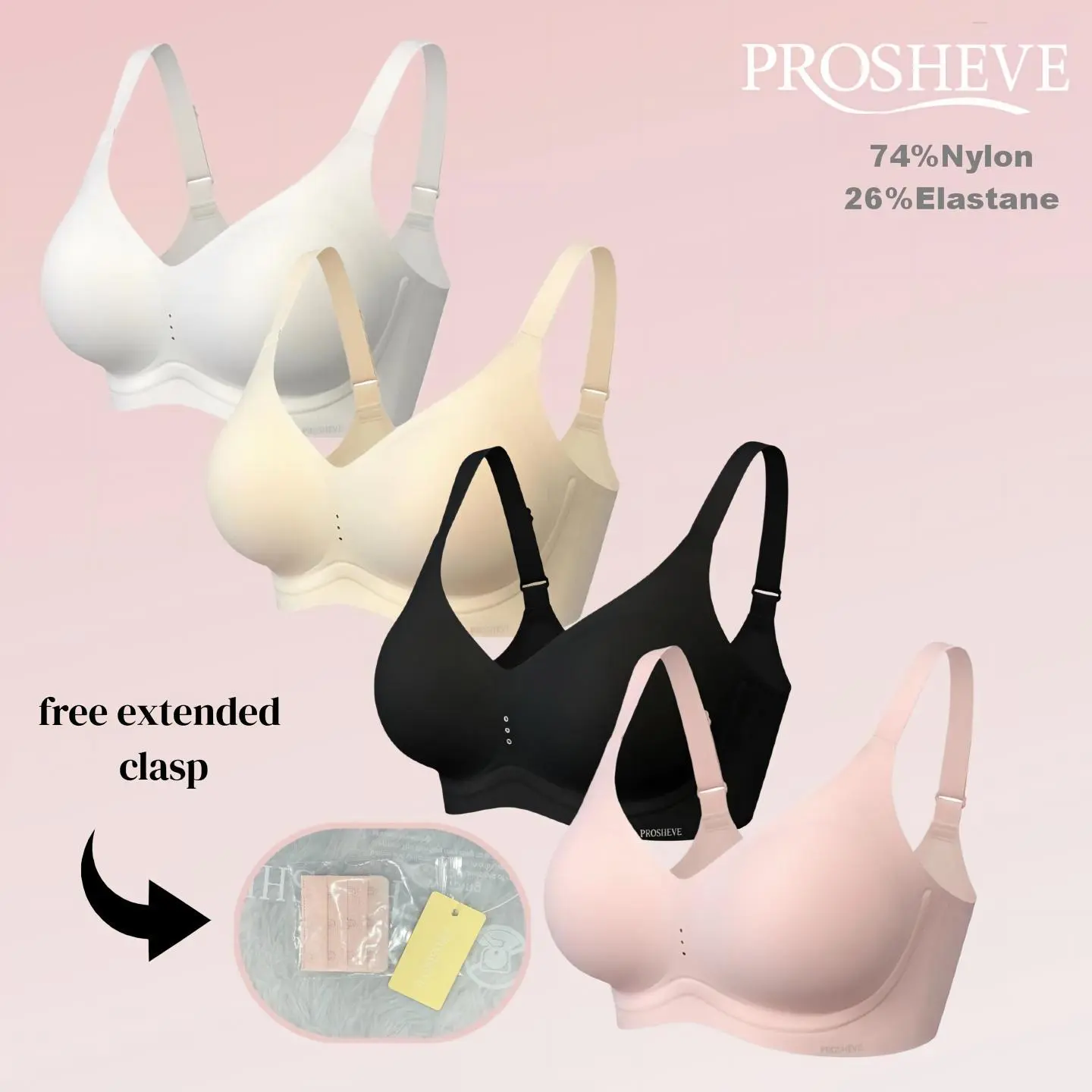 PROSHEVE Women's Seamless Wireless Push Up T-Shirt   Bra - Lightweight Activewear,  Ultra-Soft Stretch Nylon Fabric, Adjustable Straps, U-Back Design, Comfortable Support for Workout Daily Wear, Gym Sportswear lingerie jelly everyday bra sum,br,vneck, Smo