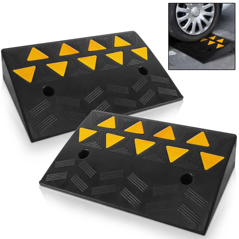Heavy-Duty Waterproof Rubber Curbside Ramp Set - 55000 lbs Capacity, Rugged Design, Yellow Reflective, Tire Assist, Integrated Cut-Out Holes for Automotive, Motorhome & Boat Transportation