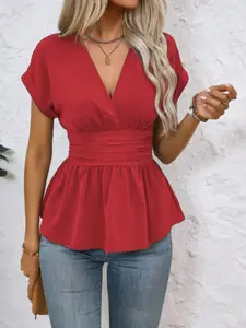 New Elegant Women's Vacation Slim Fit V-Neck Short Sleeve Top, Solid Color Pleated Design, Perfect for Casual Wear, Womenswear