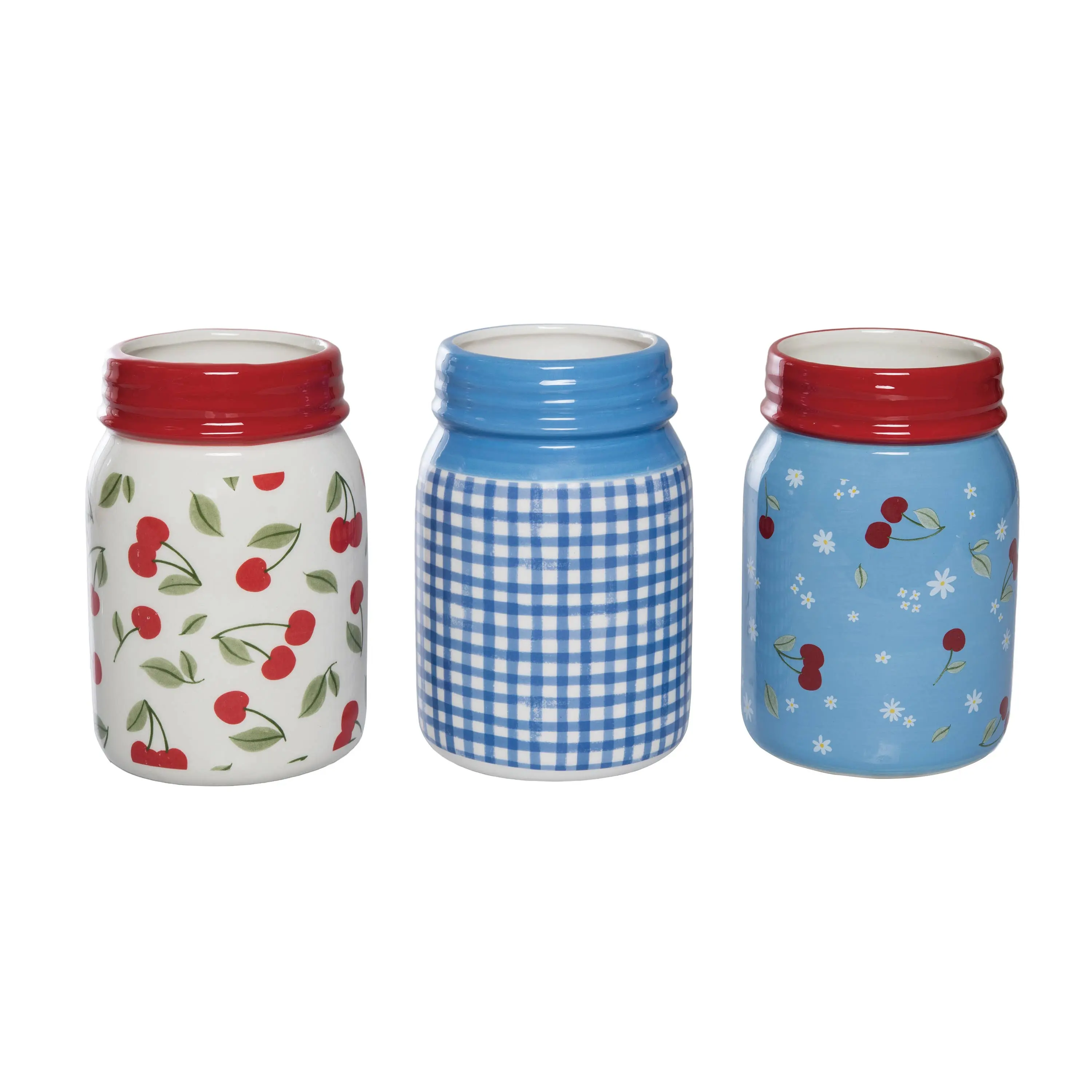 3-Piece High-Quality Cherry Theme Decorative Ceramic Jar Set - 4.13 in(L)x4.13 in(W)x6.10 in(H), Standing Vibrant Kitchen Storage Containers, Microwave & Dishwasher Safe, All Seasons Home Décor, Thoughtful Gift