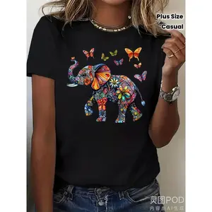 Unisex Women's & Men's Plus Size Boho Elephant & Print 220GSM Pure Cotton Short Sleeve Round Neck T-Shirt Top with Multicolor Boho-Chic Animal & Graphics, Casual Summer Blouse for Festival, Beach, Casual Attire