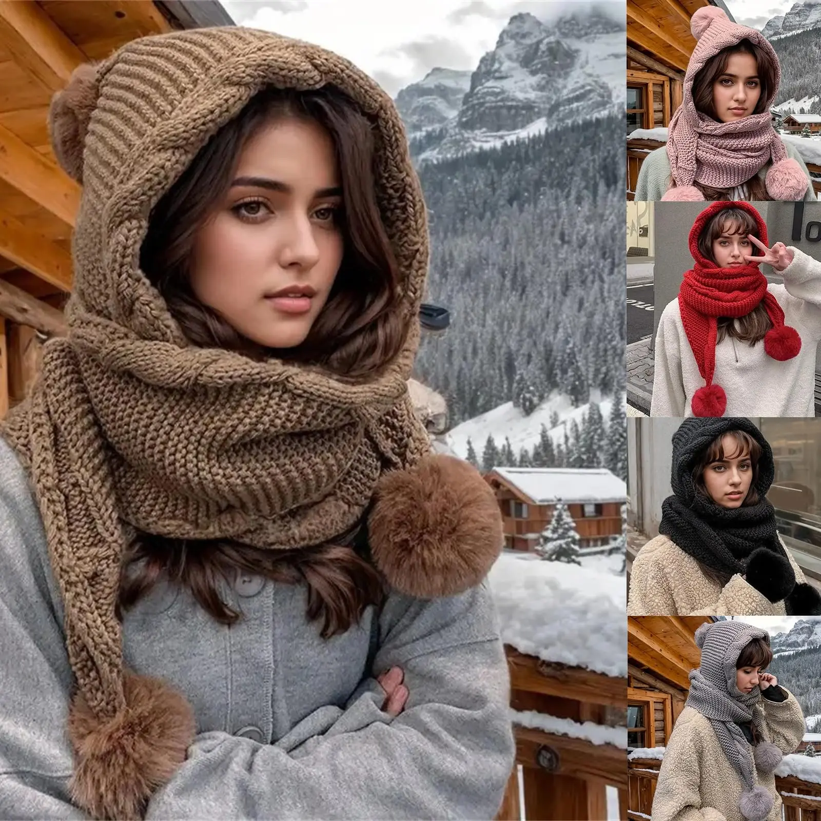 Women's 2-in-1 Hooded Scarf & Bonnet Set, Winter Warm Fuzzy Knitted Beanie with Faux Fur Pompom for Sports & Outdoor Use, Hooded Bonnet