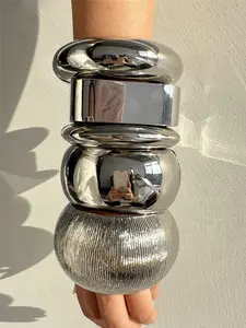 Exaggerated Punk Asymmetrical Geometric Chunky Bracelets,Sliver Color Wide Massive Autumn Winter Stacking Wear Jewelry ,High-End Accessories, Uniquely Designed