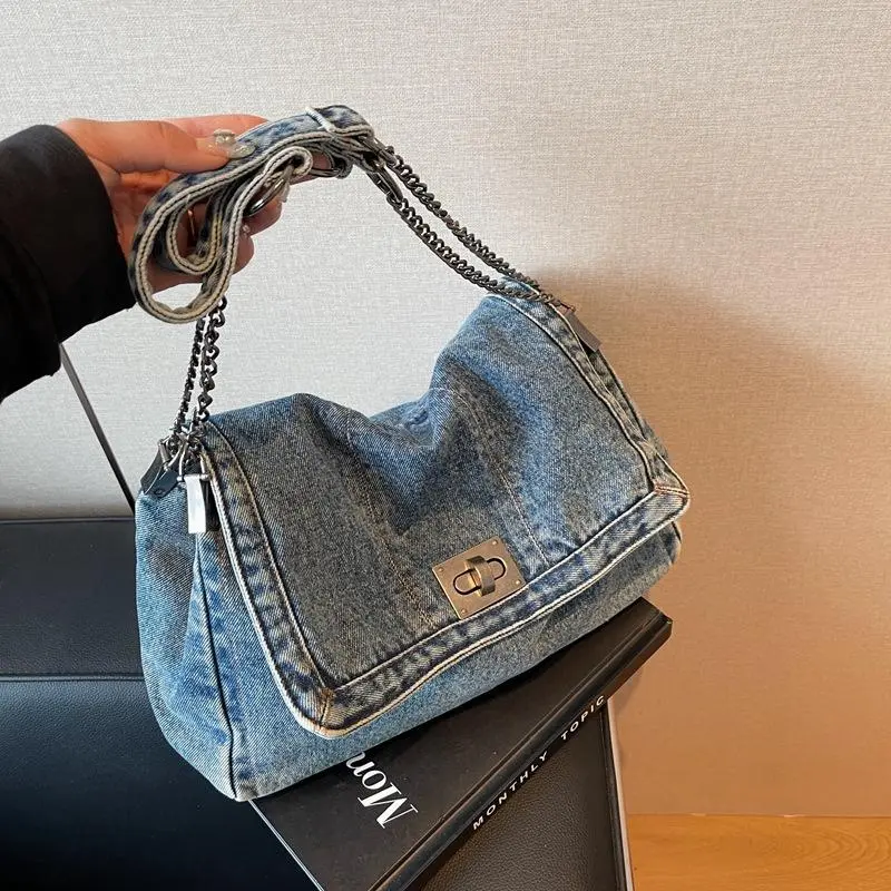 Women's Denim Chain Crossbody Bag - 2026 New Streetwear Edge, Edgy Denim Vibe, Casual Fashion Bag, Handbag for Daily Commuting