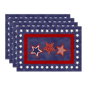 2D flat printing, 2-piece/4-piece/6-piece/8-piece set of placemats, blue patriotic red and white star American Independence Day placemat, Independence Day table mat decoration, Dining Table Mats, size 12x18 inches