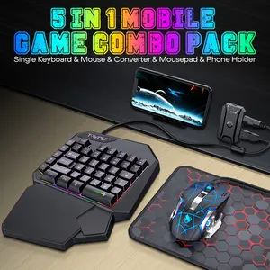Android Gaming Keyboard Mouse Converter Set 5-in-1 with One-Handed Keyboard Rainbow RGB Backlight Ergonomic Wrist Support for Android Phone Tablet