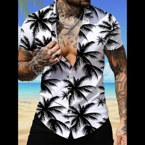 Men’s all-over palm tree print button-front shirt, regular fit casual short-sleeve collared top—men’s clothing for beach vacations, a fun gift