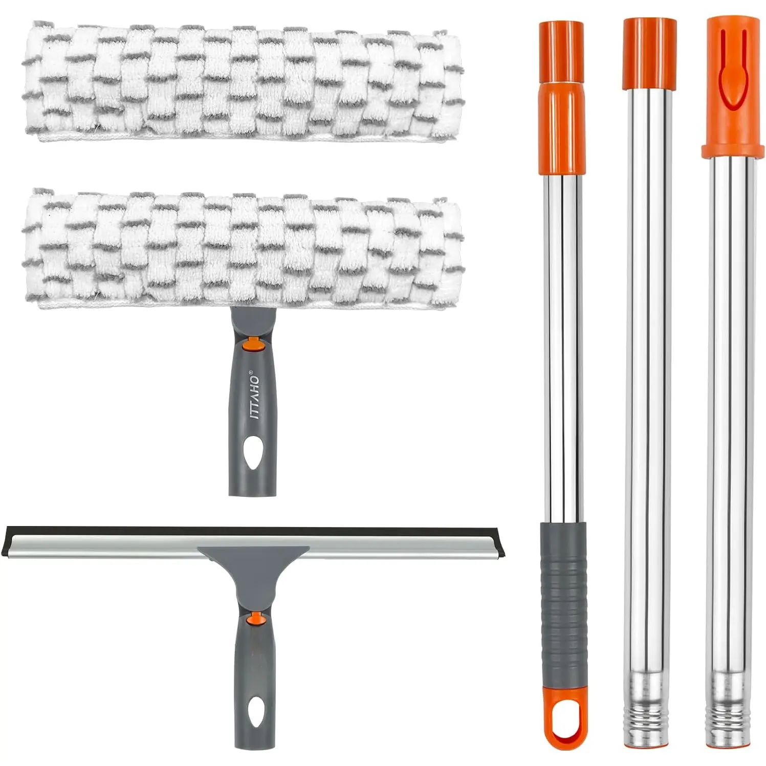 Extendable Stainless Steel Pole Window Cleaner Combo - 12in & 11in Synthetic Microfiber Scrubbers (Orange) for Window, Sliding Door, Holiday Gifts for Women, Father