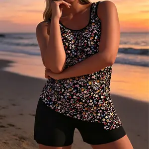 Plus Size Tankini Swimsuits Set, Women's Floral Print Sleeveless Tankini Top with Swim Shorts, Plus Size Swimsuits for Swimwear Enthusiasts