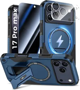 iPhone 17 Pro Max Case with Privacy Tempered Glass Screen Protector & Camera Lens Protector, Compatible with MagSafe, Invisible Kickstand, Shockproof Phone Cover, Blue