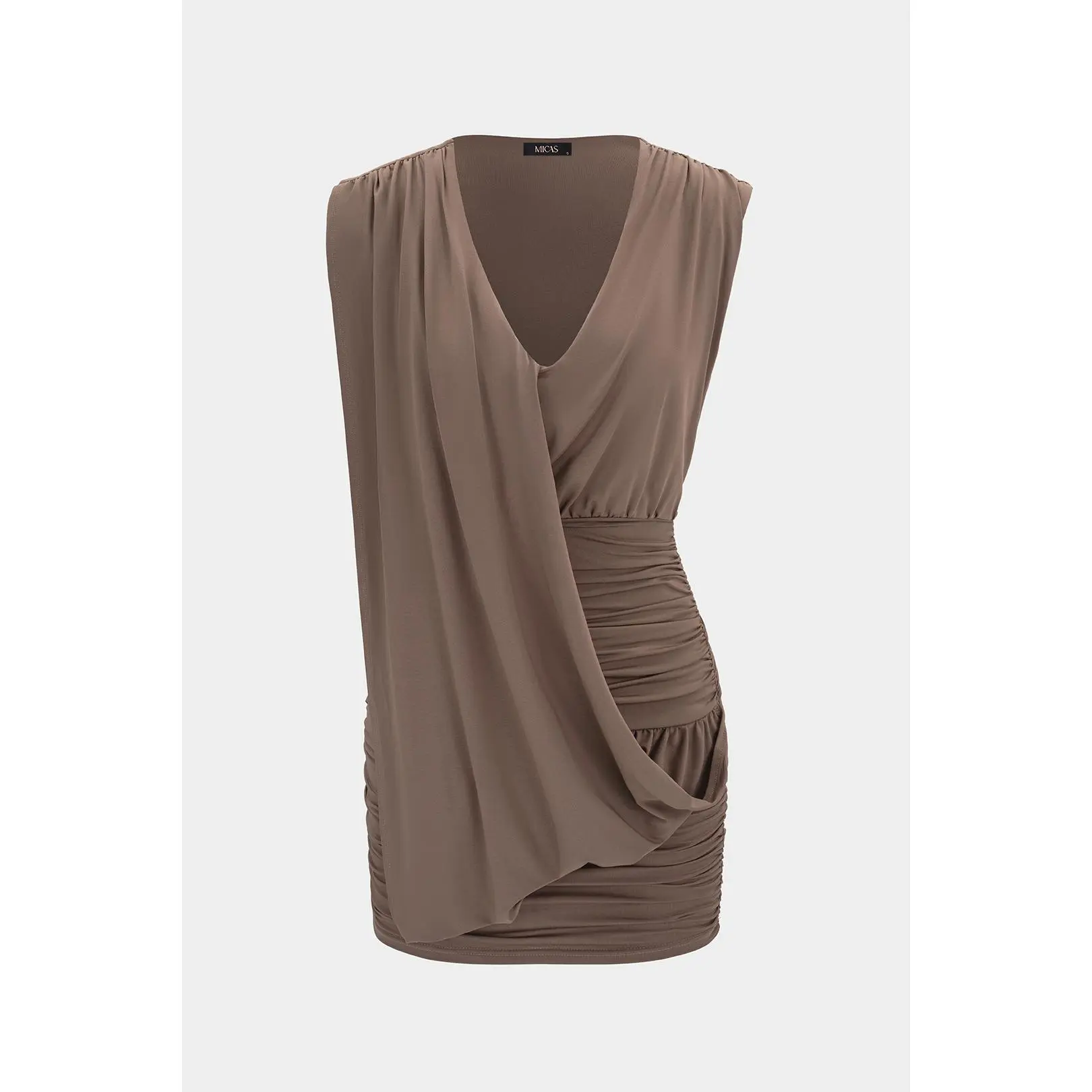 Women's Slim Cut Jersey Mini Dress - Sleeveless, Deep V-Neck, Asymmetrical Ruched Detail for Social Parties